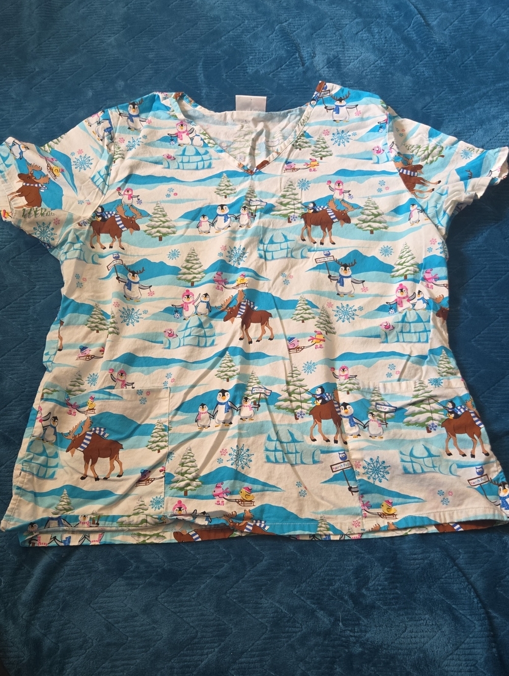 Scrubstar Women's V-Neck Medical Top in White and Light Blue Winter Print